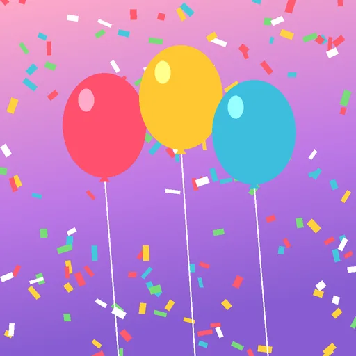 Before: three balloons and confetti on a pink and purple background