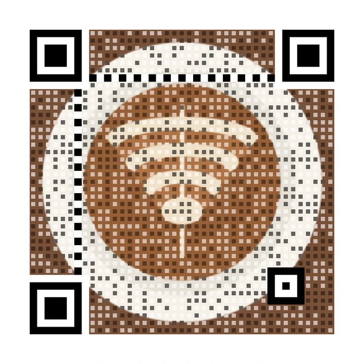After: artistic QR code made from a top-down drawing of a latte with foam art, linking to https://example.com/menu