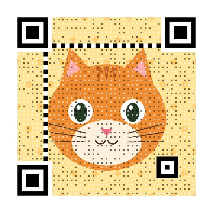 After: artistic QR code made from a cartoon ginger cat face on a polka-dot background, linking to https://example.com/cat