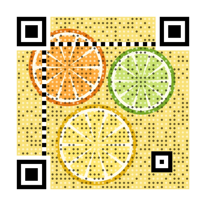 After: artistic QR code made from a drawing of orange, lime and lemon slices, linking to https://example.com/juice