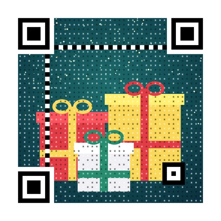 After: artistic QR code made from wrapped gift boxes with ribbons under falling sparkles, linking to https://example.com/gifts