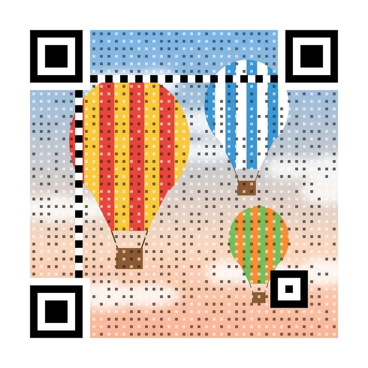 After: artistic QR code made from striped hot air balloons among soft clouds, linking to https://example.com/balloons