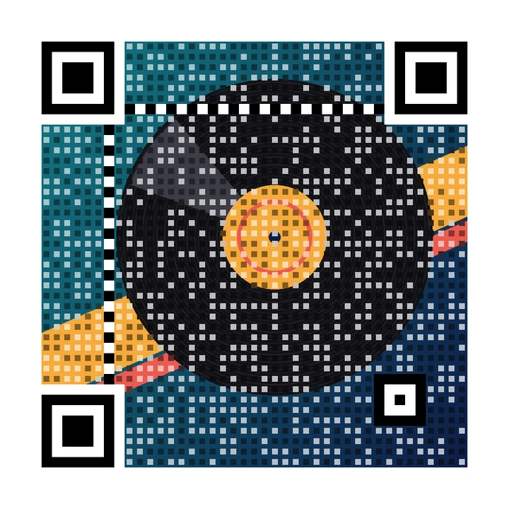 After: artistic QR code made from a vinyl record on teal and orange stripes, linking to https://example.com/jazz