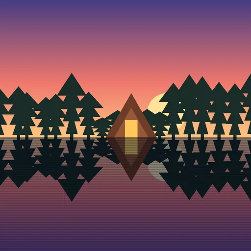 Before: a wooden cabin among pine trees reflected in a lake at sunset