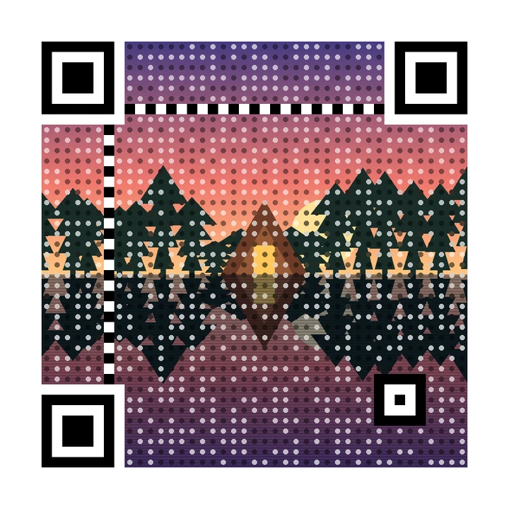 After: artistic QR code made from a wooden cabin among pine trees reflected in a lake at sunset, linking to https://example.com/cabin