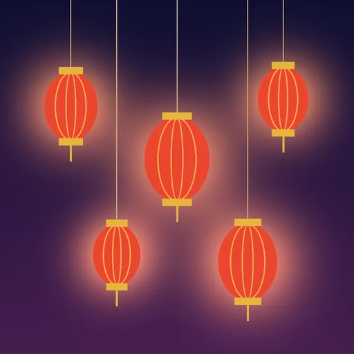 Before: glowing red paper lanterns in a night sky