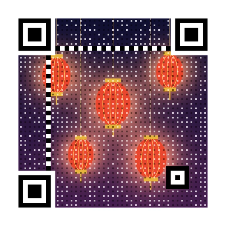 After: artistic QR code made from glowing red paper lanterns in a night sky, linking to https://example.com/festival
