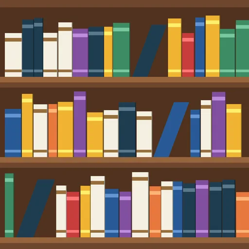 Before: colourful book spines on wooden shelves