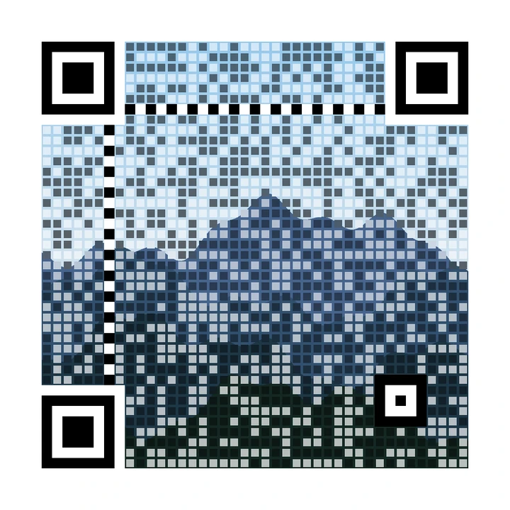 After: artistic QR code made from layered blue mountain ridges, linking to https://example.com/travel