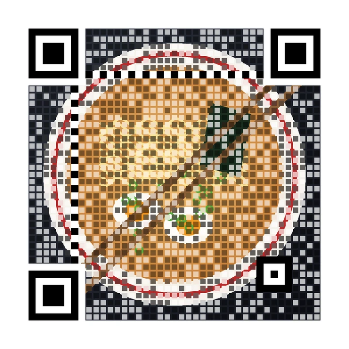 After: artistic QR code made from a top-down drawing of a ramen bowl with eggs, nori and chopsticks, linking to https://example.com/noodles