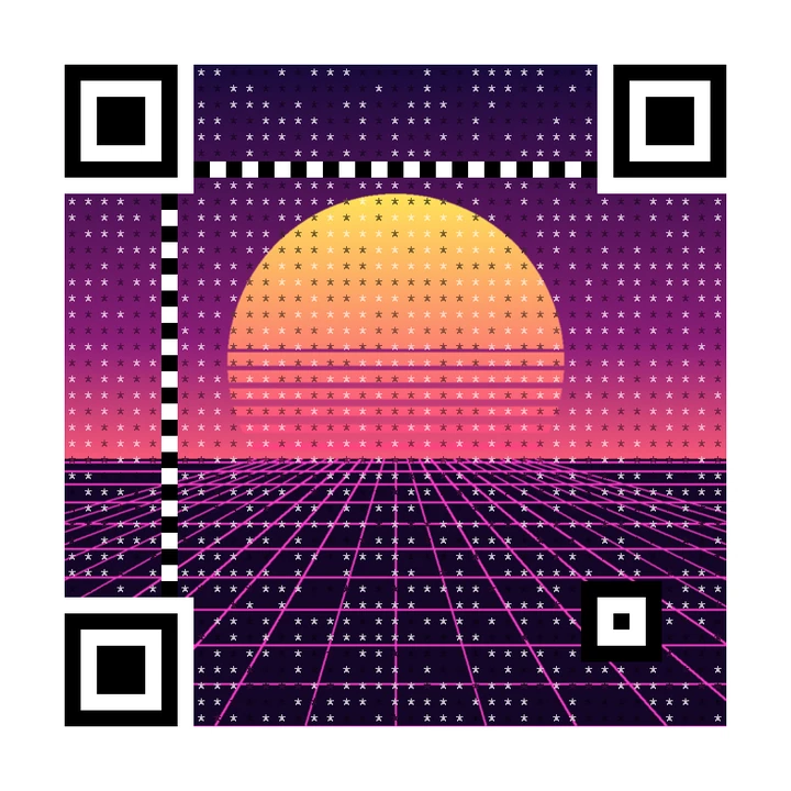 After: artistic QR code made from a striped retro sunset over a neon grid, linking to https://example.com/club