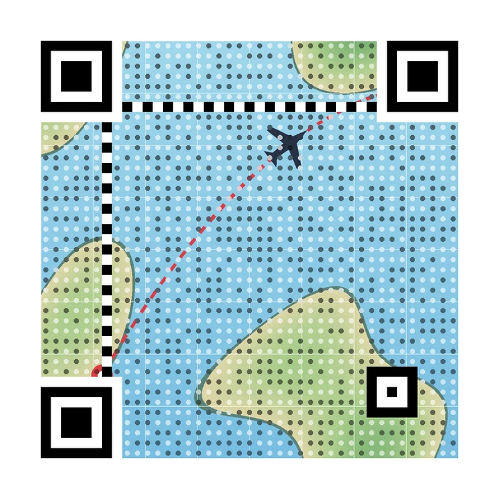 After: artistic QR code made from a map with a dotted flight route and a small plane, linking to https://example.com/itinerary