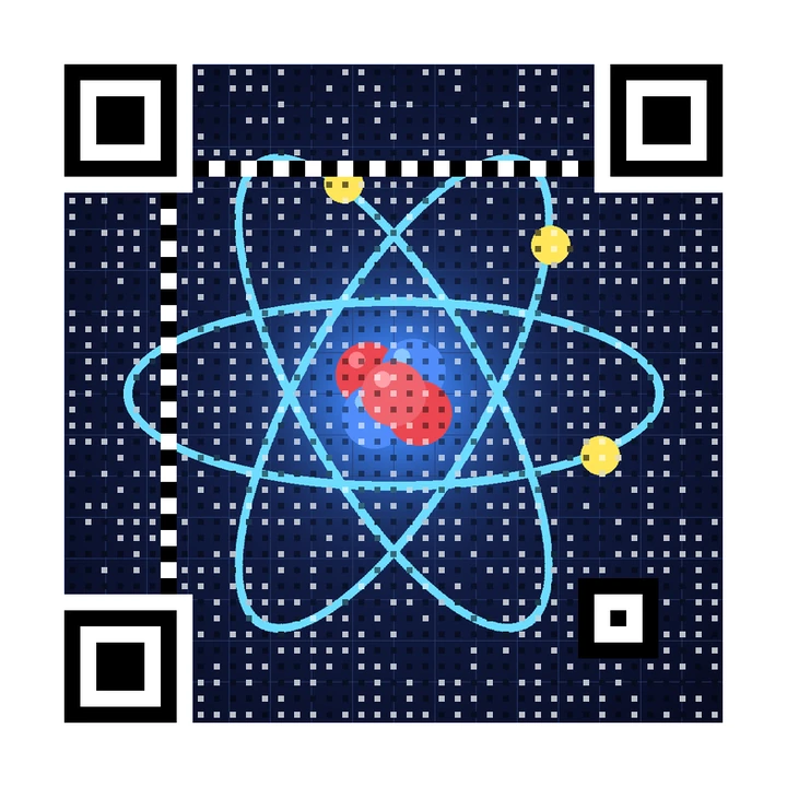 After: artistic QR code made from a glowing atom with three orbits on a blueprint grid, linking to https://example.com/science