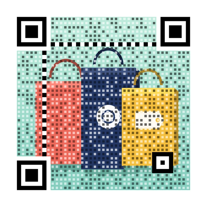 After: artistic QR code made from coral, navy and yellow shopping bags, linking to https://example.com/loyalty
