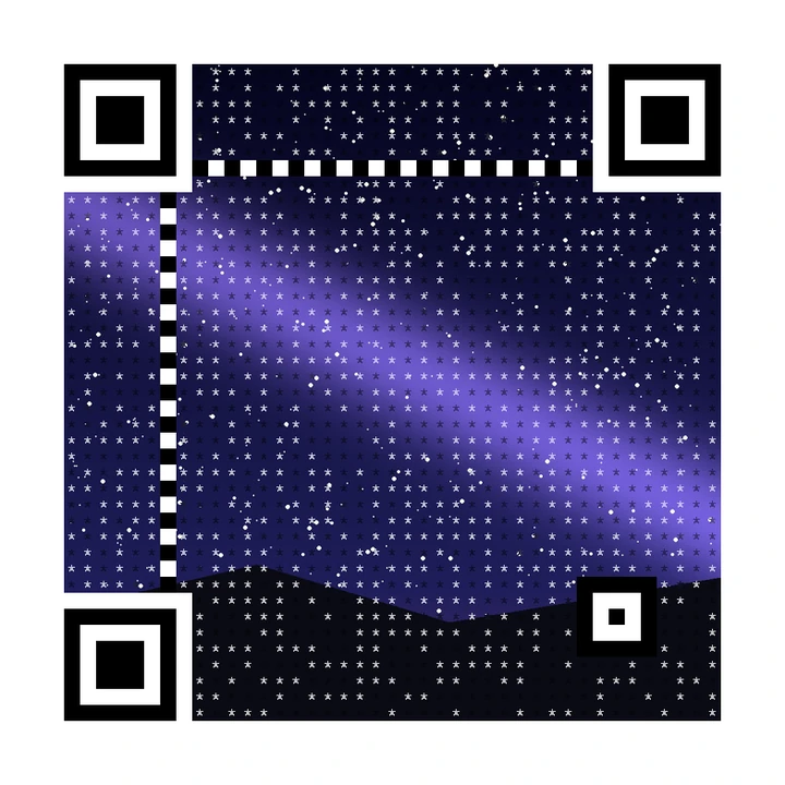 After: artistic QR code made from a starry night sky over dark hills, linking to https://example.com/night-market