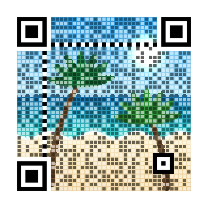 After: artistic QR code made from a tropical beach with palm trees and turquoise water, linking to https://example.com/resort